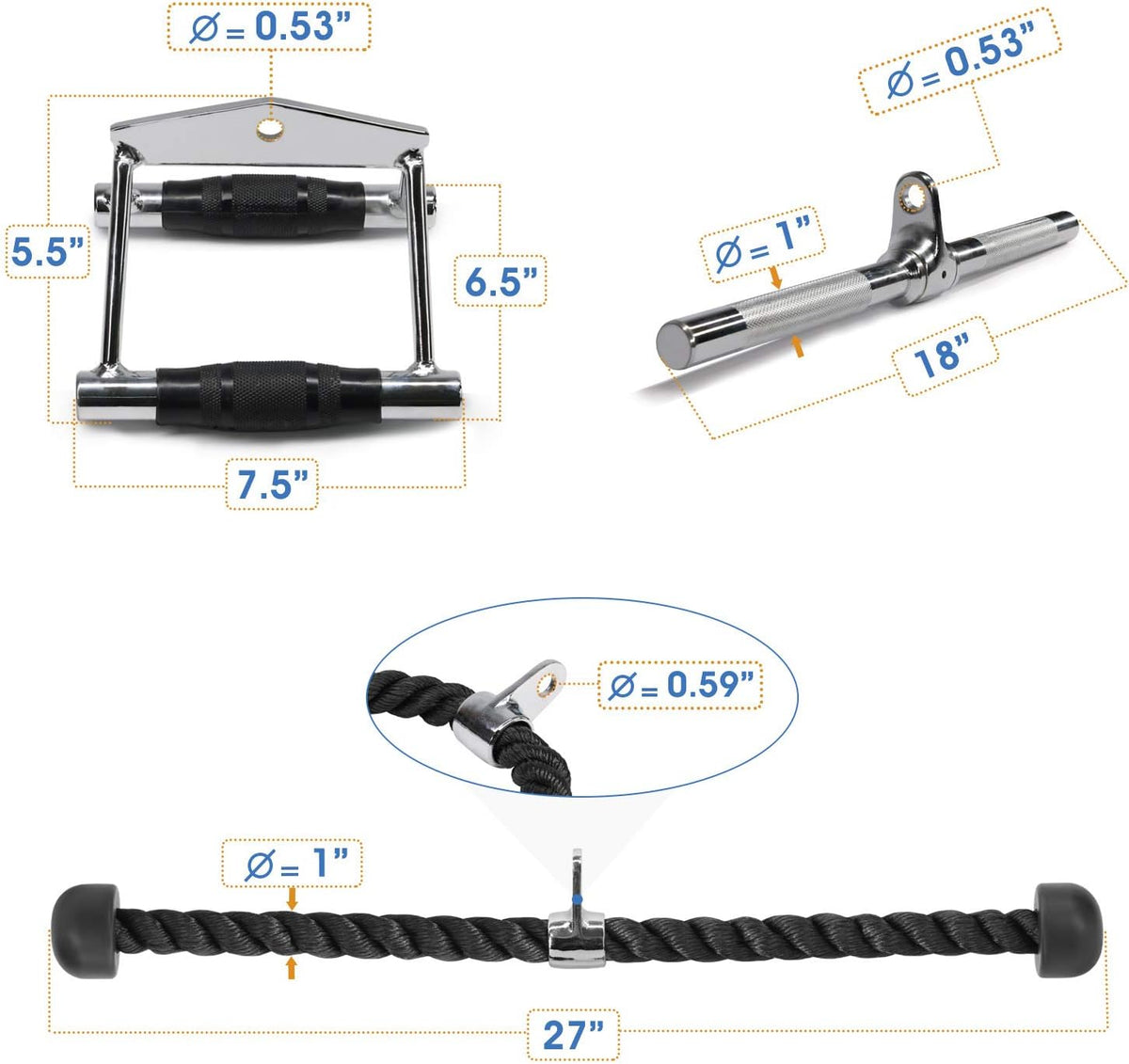 Cable Machine Attachment, Row Handles, Tricep Rope, Straight Bar, V Bar, LAT Pulldown Accessories Load 880 LB for Home Gym