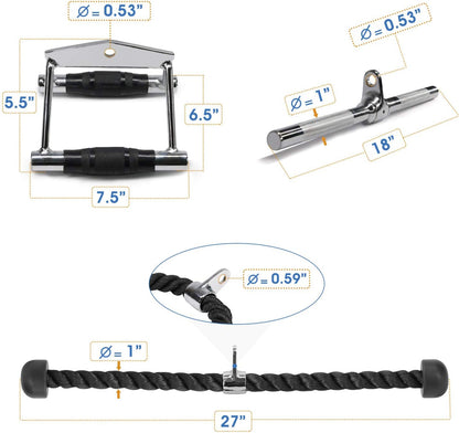 Cable Machine Attachment, Row Handles, Tricep Rope, Straight Bar, V Bar, LAT Pulldown Accessories Load 880 LB for Home Gym