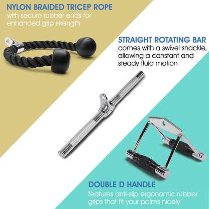 Cable Machine Attachment, Row Handles, Tricep Rope, Straight Bar, V Bar, LAT Pulldown Accessories Load 880 LB for Home Gym