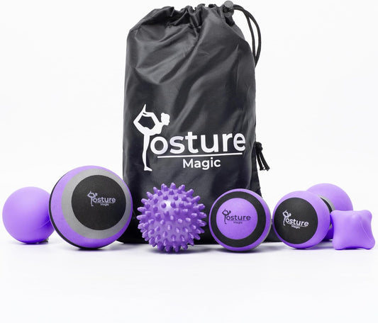 Massage Ball Kit for Myofascial Trigger Point Release & Deep Tissue Massage - Set of 6 - Large Foam/Small Foam/Lacrosse/Peanut/Spiky/Hand Exercise Ball (Purple)