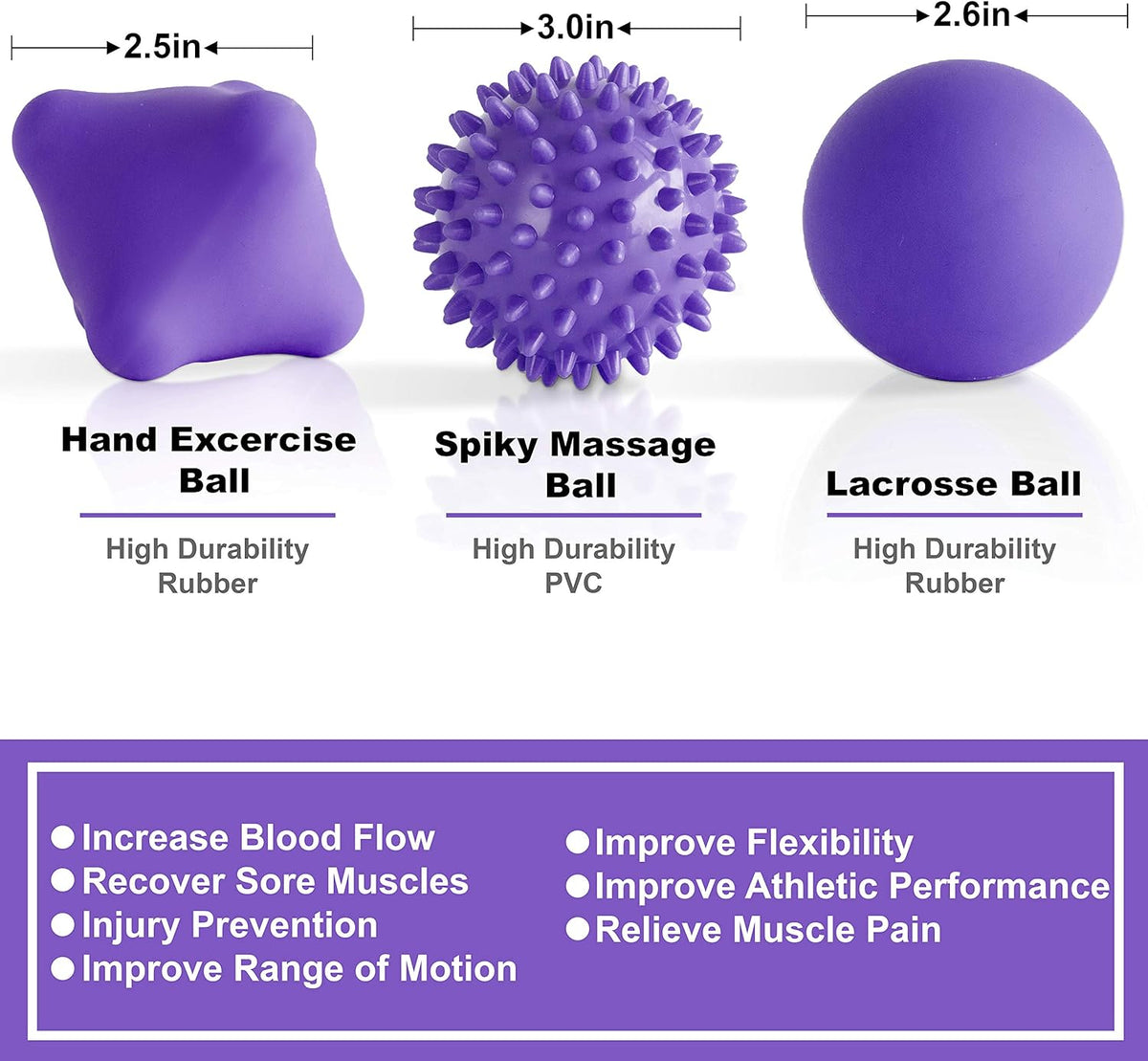 Massage Ball Kit for Myofascial Trigger Point Release & Deep Tissue Massage - Set of 6 - Large Foam/Small Foam/Lacrosse/Peanut/Spiky/Hand Exercise Ball (Purple)