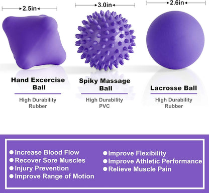 Massage Ball Kit for Myofascial Trigger Point Release & Deep Tissue Massage - Set of 6 - Large Foam/Small Foam/Lacrosse/Peanut/Spiky/Hand Exercise Ball (Purple)