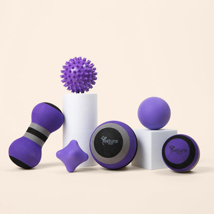 Massage Ball Kit for Myofascial Trigger Point Release & Deep Tissue Massage - Set of 6 - Large Foam/Small Foam/Lacrosse/Peanut/Spiky/Hand Exercise Ball (Purple)