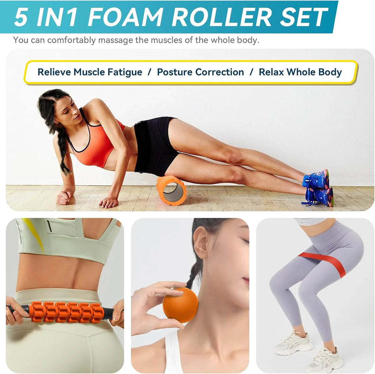 5 in 1 Foam Roller Set, Trigger Point Foam Roller, Yoga Stick, Massage Ball, Resistance Band for Whole Body, Orange