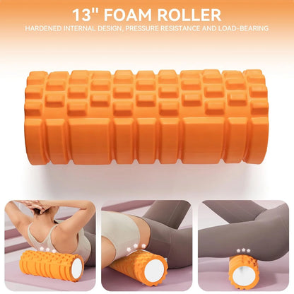 5 in 1 Foam Roller Set, Trigger Point Foam Roller, Yoga Stick, Massage Ball, Resistance Band for Whole Body, Orange