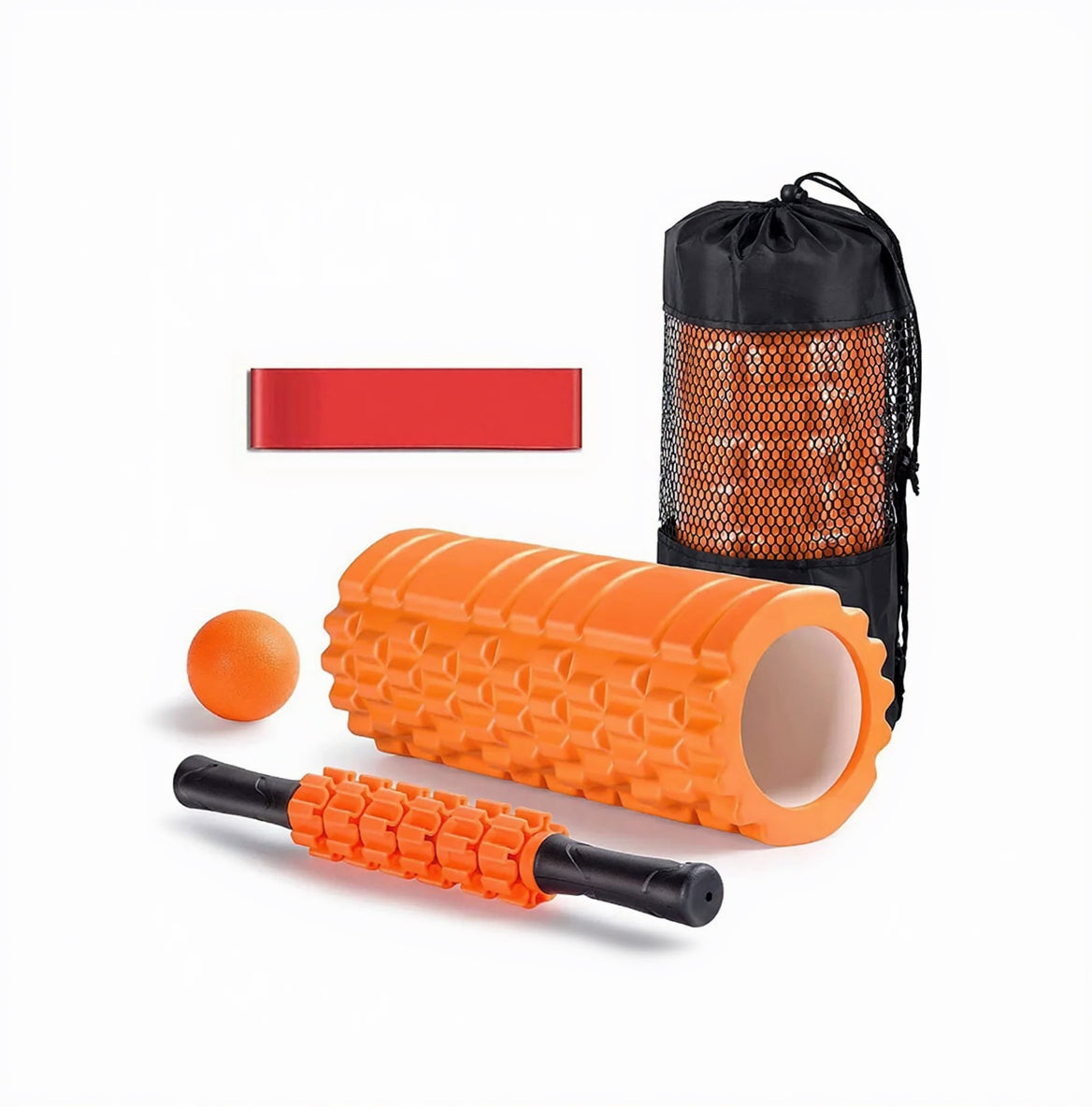 5 in 1 Foam Roller Set, Trigger Point Foam Roller, Yoga Stick, Massage Ball, Resistance Band for Whole Body, Orange